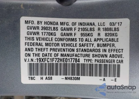2017 Honda Civic Ex-L z USA, uszkodzony, nr VIN 19XFC1F72HE017784